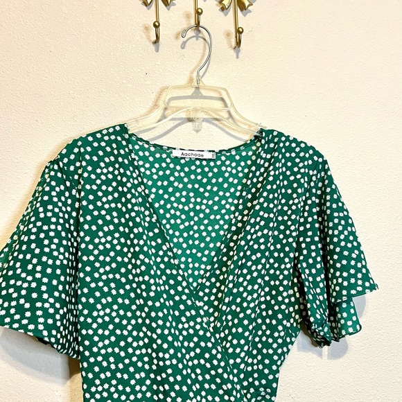 Aachoae Green Polka Dot Ruffle Dress. Ruffled short sleeve wrap dress Size XXL - Picture 3 of 7